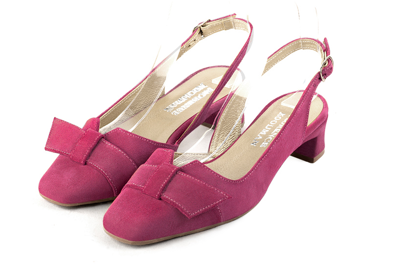 Fuschia pink women's slingback shoes. Square toe. Low kitten heels. Front view - Florence KOOIJMAN
